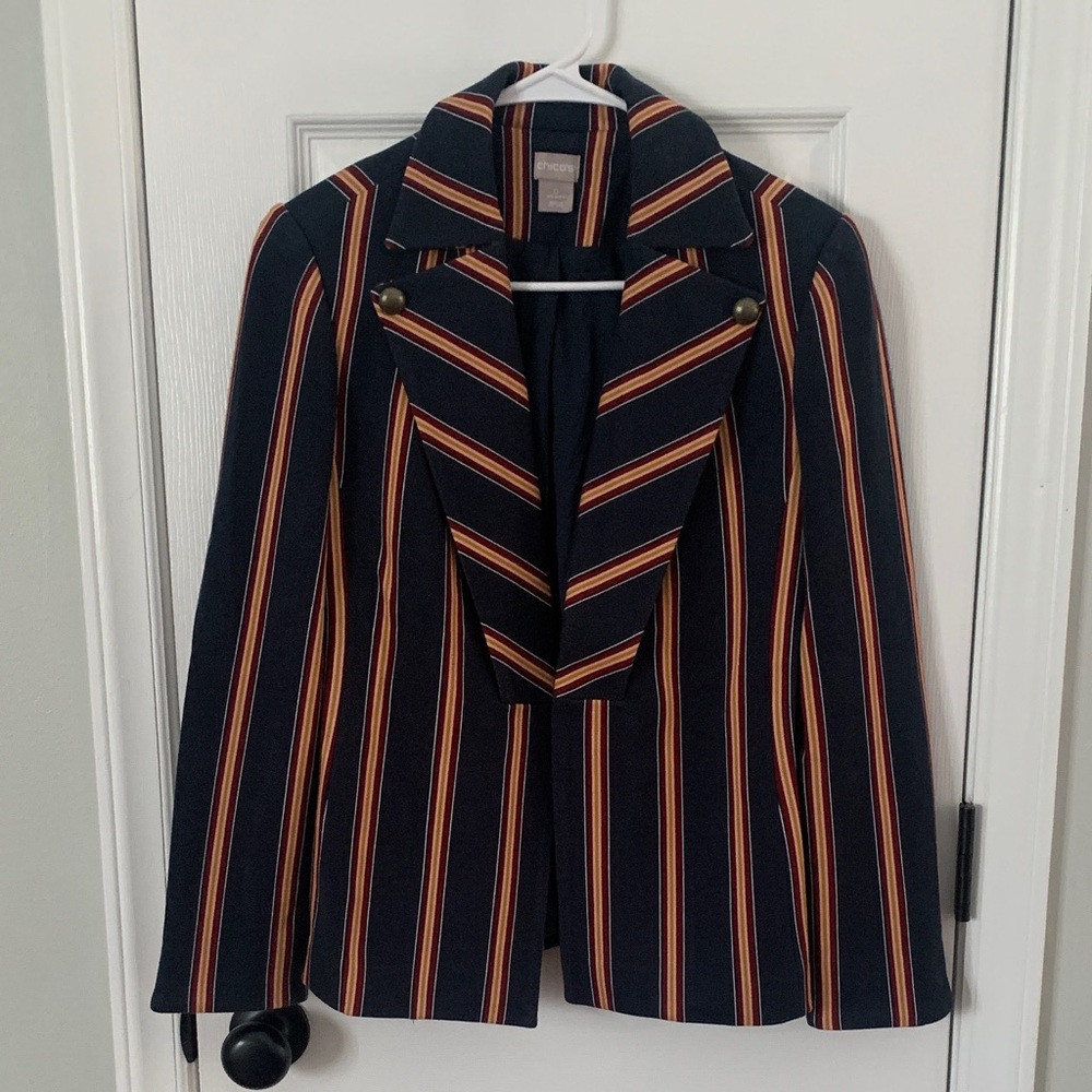 Chico’s Women’s’ Navy Blue Burgundy Peach & Gold Striped Blazer Sz. 0 U.S. 4